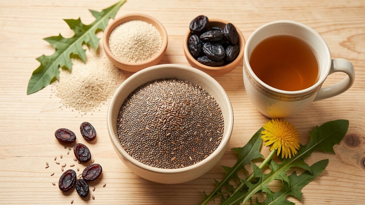 Remèdes naturels pour la digestion : graines de lin et chia, psyllium, pruneaux et tisane
