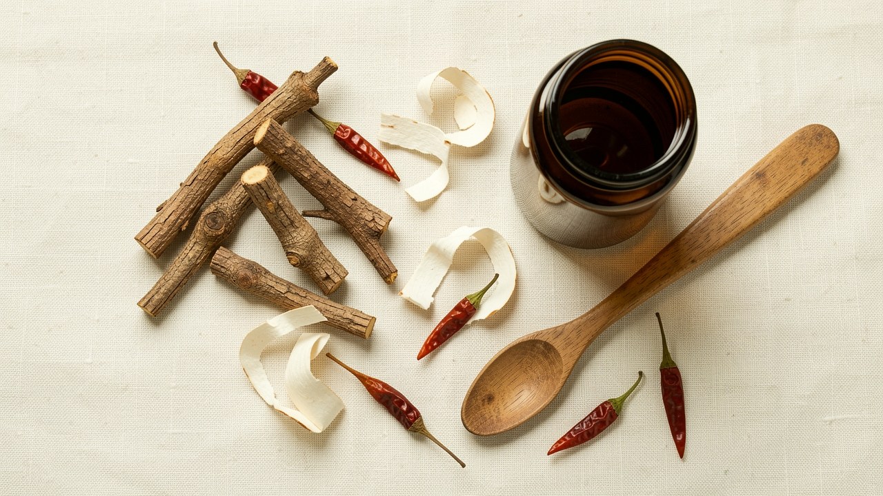 Racine d'harpagophytum, écorce de saule blanc et piments de Cayenne séchés utilisés en phytothérapie