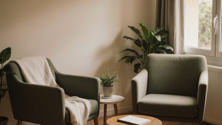 Cabinet de consultation de sophrologue en libéral avec deux fauteuils et plantes vertes