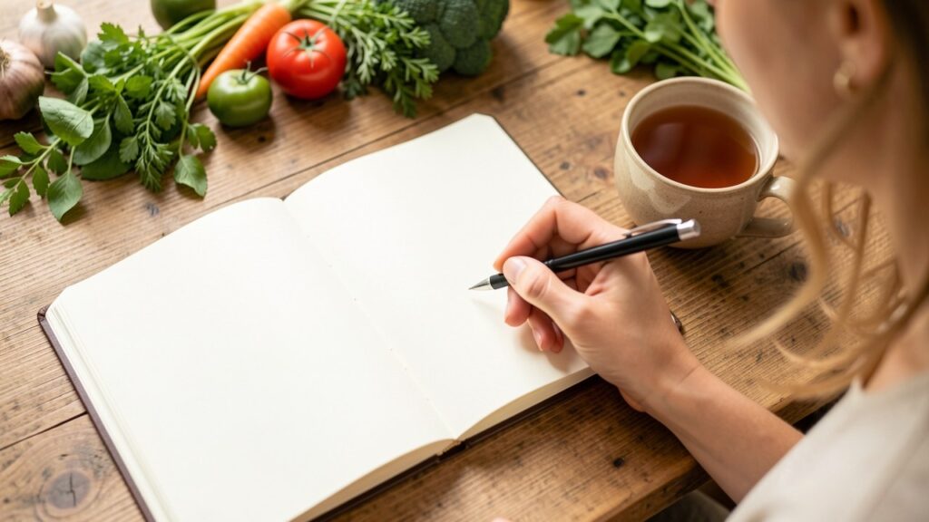 Naturopathe rédigeant un programme d'hygiène de vie personnalisé, avec carnet, tisane et légumes frais