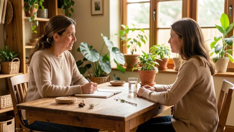 Consultation chez un naturopathe : échange entre la praticienne et sa cliente autour du bureau