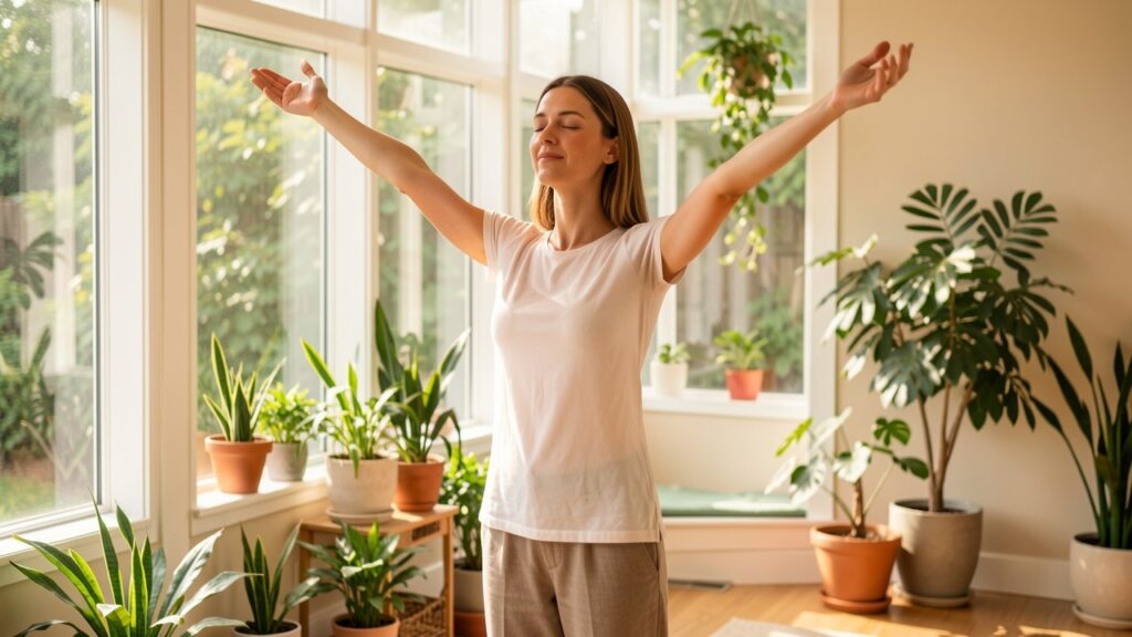 Femme pratiquant debout un exercice de relaxation dynamique de sophrologie, bras ouverts