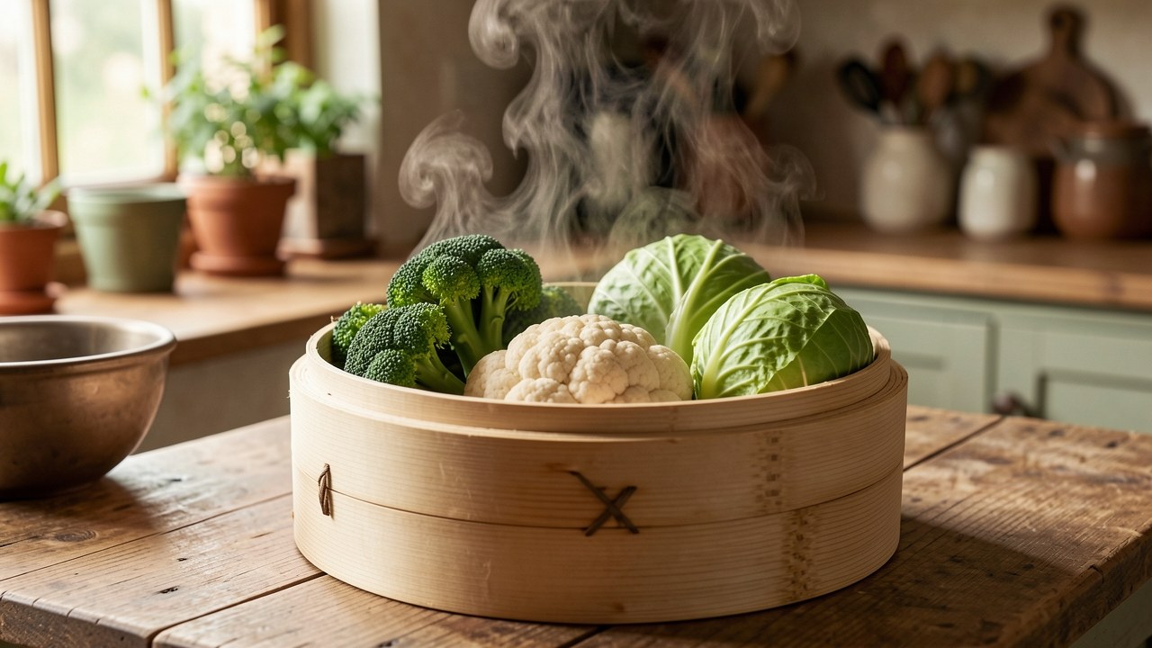 Brocoli, chou-fleur et chou cuits a la vapeur dans un panier bambou, cruciferes et hypothyroidie
