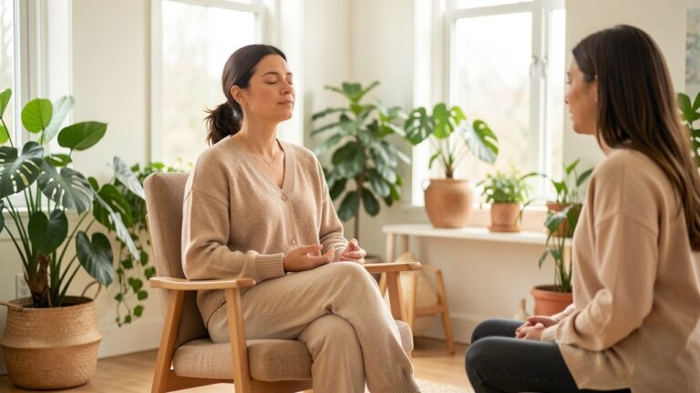 Séance de sophrologie en cabinet : praticienne guidant une femme dans un exercice de respiration