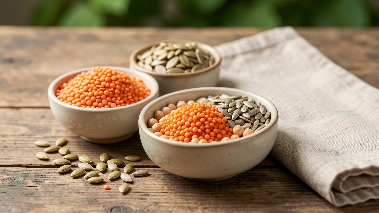 Bols de graines de courge, lentilles corail et pois chiches, sources de zinc et de fer alimentaire
