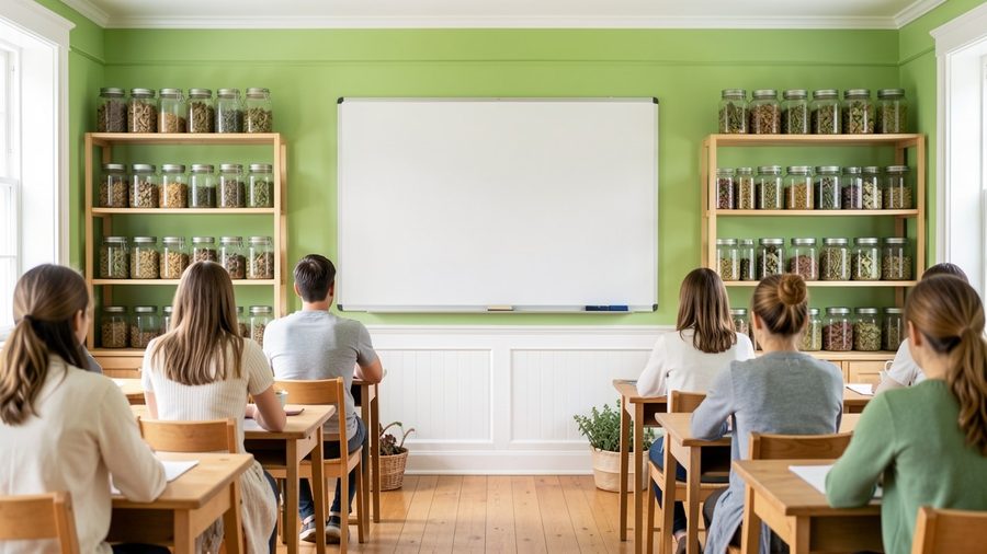 Salle de cours d'une école de naturopathie avec des bocaux de plantes médicinales