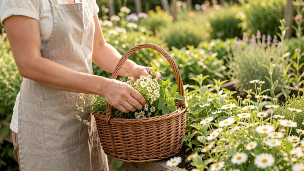 Cueillette de camomille et de mélisse dans un panier en osier, au jardin de plantes aromatiques