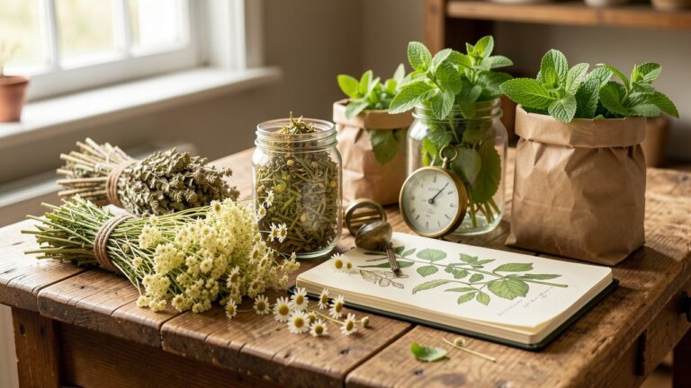Plan de travail d’herboriste avec plantes séchées, camomille, mélisse en bocaux et carnet botanique