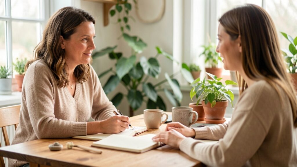 Naturopathe et consultante en entretien autour d’une table, lors d’une consultation d’hygiène de vie