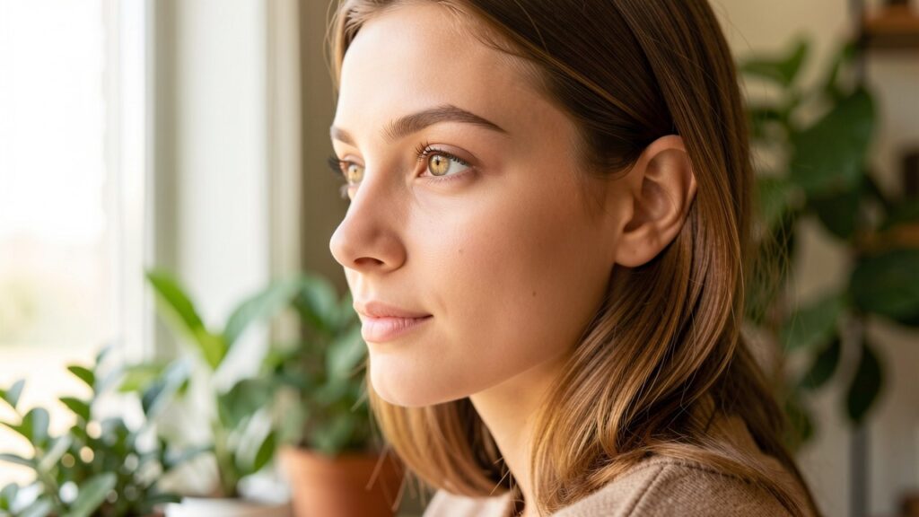 Femme de profil au regard clair près d’une fenêtre, illustration de l’iridologie