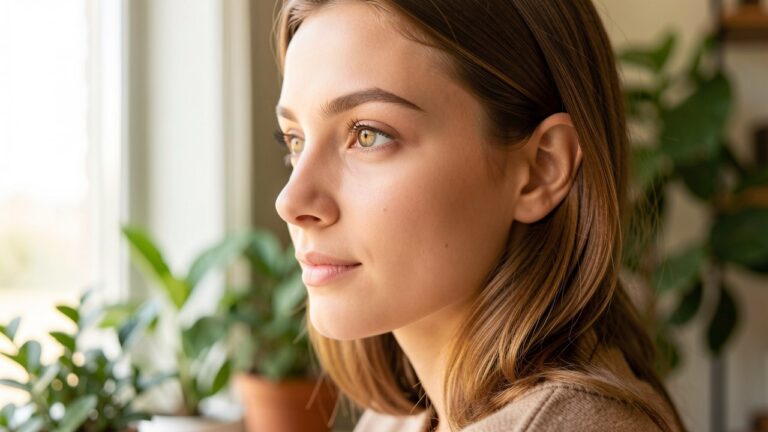 Femme de profil au regard clair près d’une fenêtre, illustration de l’iridologie