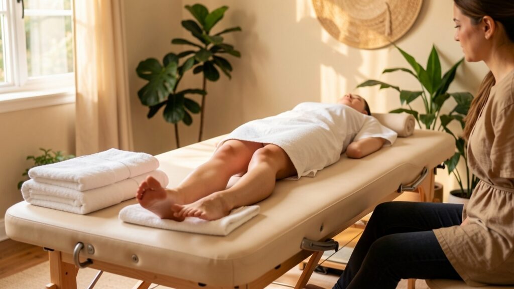 Personne allongée pieds nus sur une table de soin pendant une séance de réflexologie plantaire en cabinet